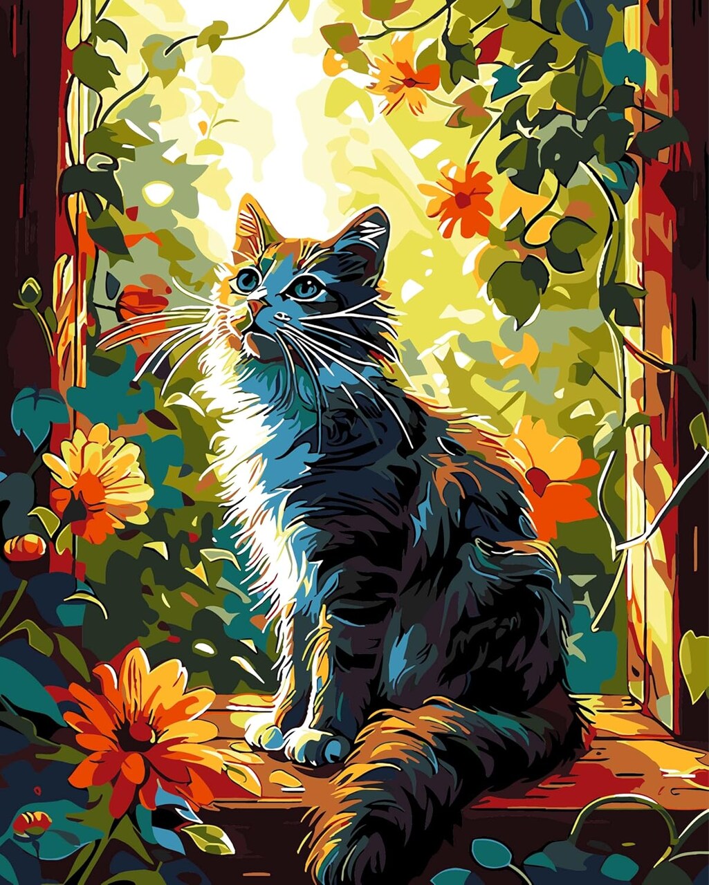 Cat Paint by Numbers Kit for Adults – DIY Floral Window Cat Painting on Canvas, Beginner-Friendly Animal Paint-by-Number Set for Relaxation, Gifts & Home Decor, 16x20 Inch